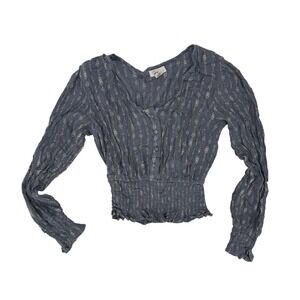 Joyous Y2K XS Blue Boho Smocked Waist Peasant Top Long Sleeve V-Neck
